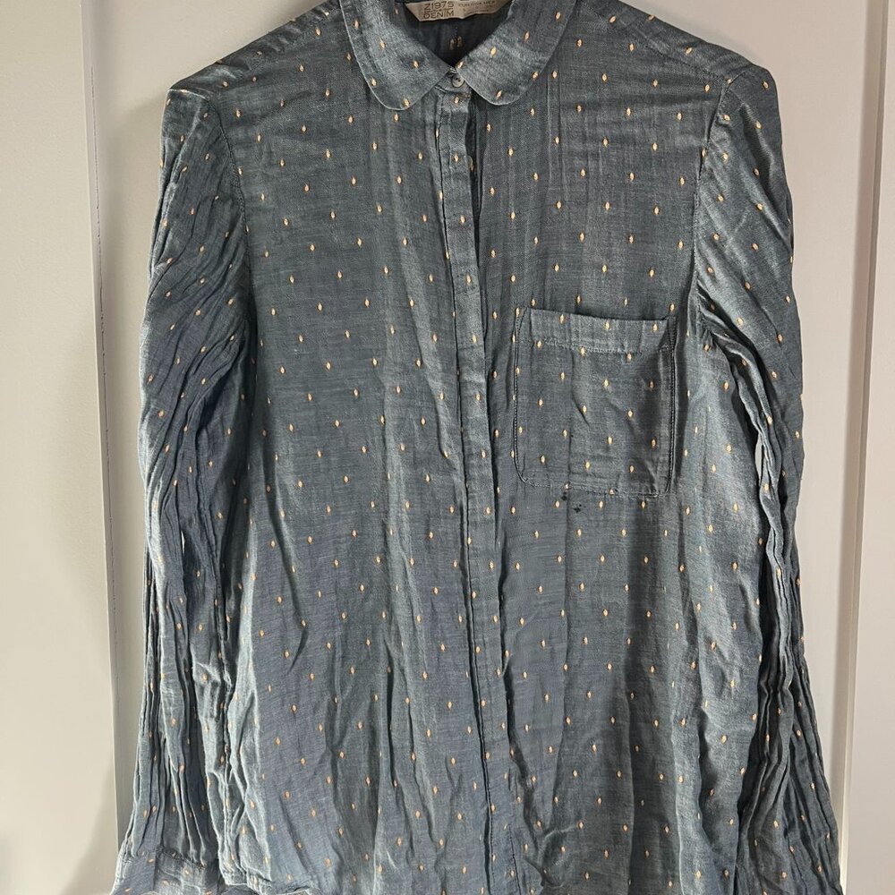 Zara Polka Dot Denim Chambray Button-Down Shirt – S